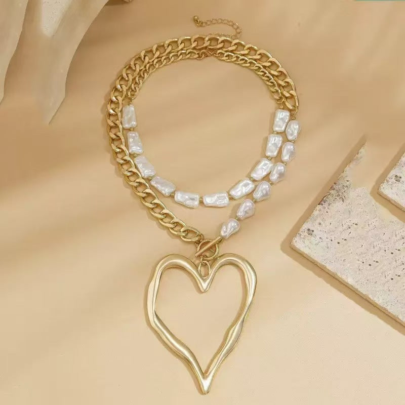 Sweet Cute Heart Beaded Necklace | Double Layer Baroque Faux Pearl Statement Jewelry