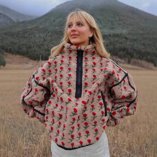 Women’s Floral Print Fleece Jacket | Cozy Plush Sweatshirt · Loose Fit Casual Outerwear