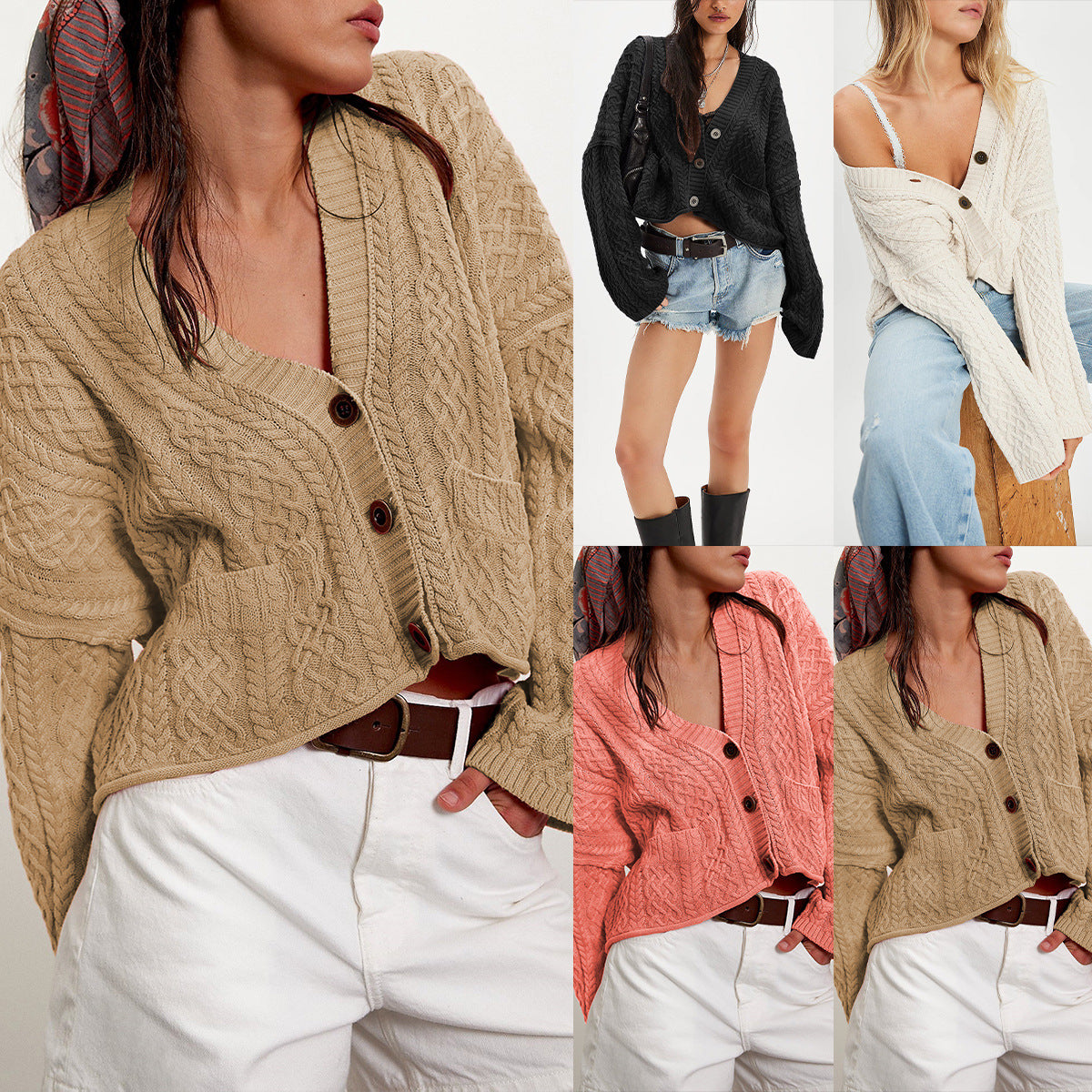 Fall Winter New Short Chunky Cable Knit Cardigan | Loose Fit Cozy Knit Sweater Jacket for Women
