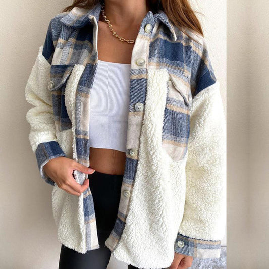 Women’s Fluffy Plaid Shirt Jacket | Single-Breasted Sweatshirt Cardigan SF
