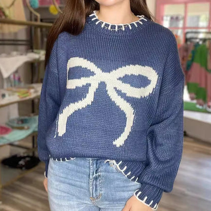 Autumn Winter 2025 Women’s Bow Jacquard Sweater – Loose Cozy Pullover Knit