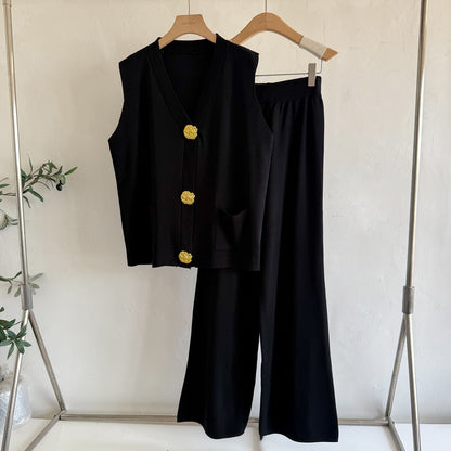 Women’s Gold Button V-Neck Knit Two-Piece Set | Loose Knit Sweater & Pants