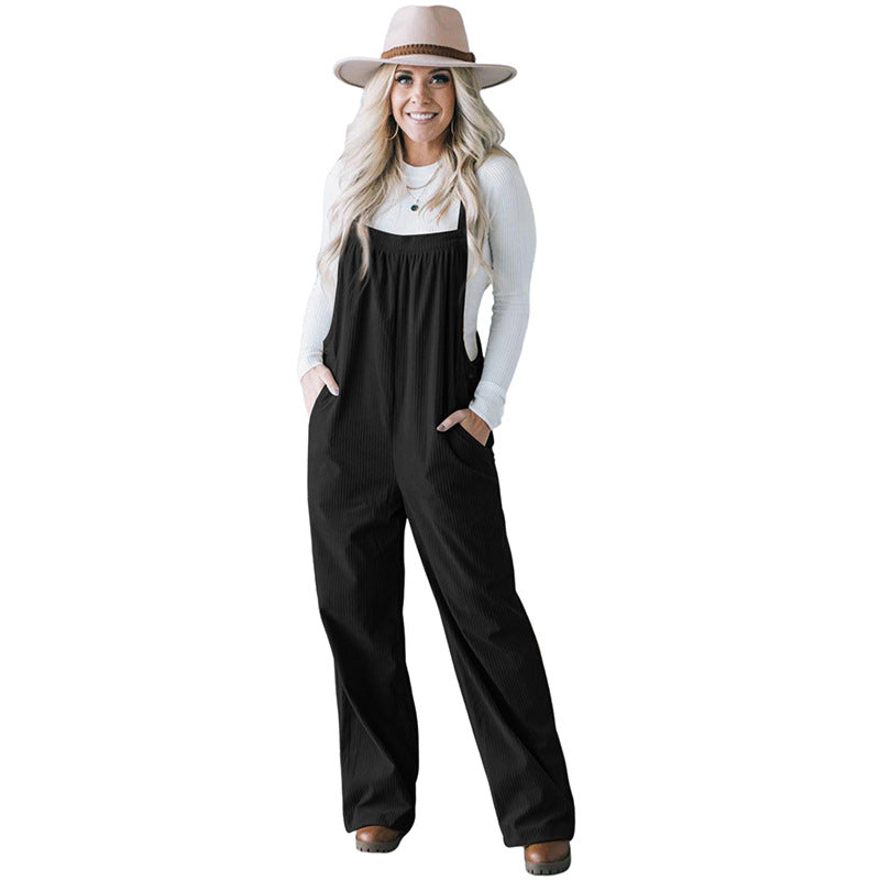 Autumn 2025 Women’s Corduroy Overalls – Solid Color Multi-Pocket Jumpsuit