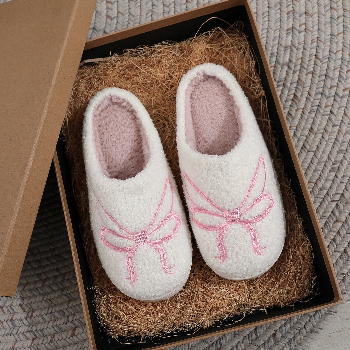 Pink Heart Bow Winter Plush Slippers for Women – Warm Fleece Indoor House Shoes, Soft Cozy Cotton Slides