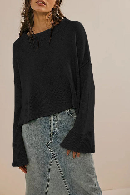 2025 Fall Winter Solid Color Knit Sweater | Women’s Fashion Crew Neck Pullover with Flared Sleeves