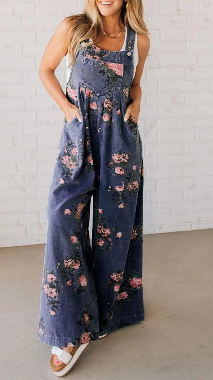 Women’s Fashion Denim Floral Jumpsuit – Casual Sleeveless Overall