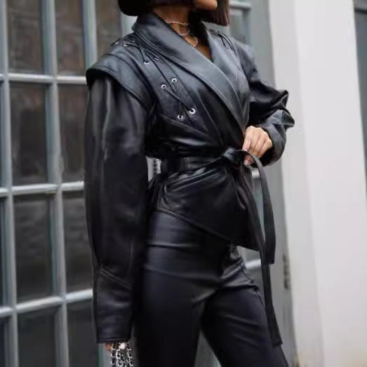 Women’s Retro Faux Leather Jacket – Autumn Street Style Tie-Waist Turn-Down Collar Outerwear