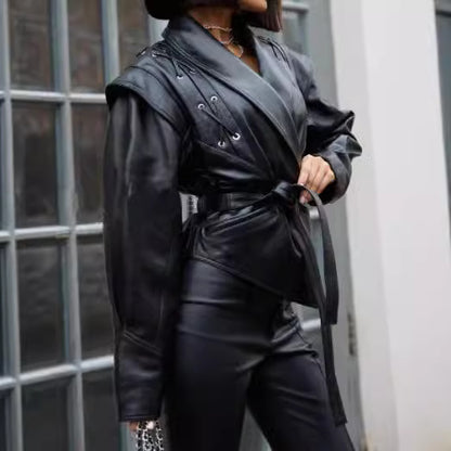 Women’s Retro Faux Leather Jacket – Autumn Street Style Tie-Waist Turn-Down Collar Outerwear