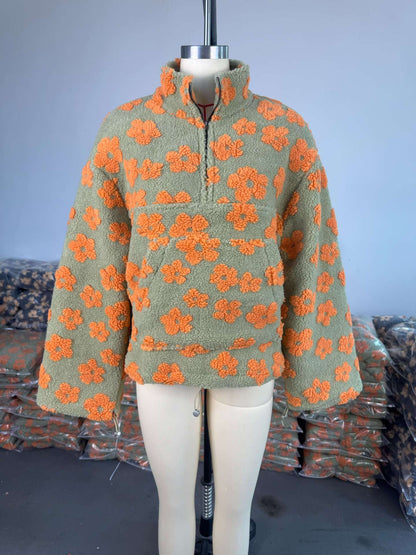 Women’s 2025 Spring Faux Shearling Zip-Up Sweatshirt | Loose Fit Printed Long Sleeve Hoodie