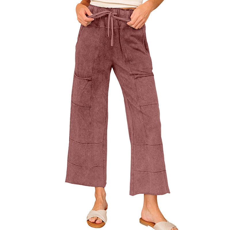 2025 Autumn New Arrival | High-Waisted Drawstring Wide-Leg Pants for Women with Large Cargo Pockets – Solid Color Casual Trousers