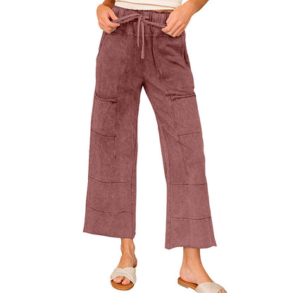 2025 Autumn New Arrival | High-Waisted Drawstring Wide-Leg Pants for Women with Large Cargo Pockets – Solid Color Casual Trousers