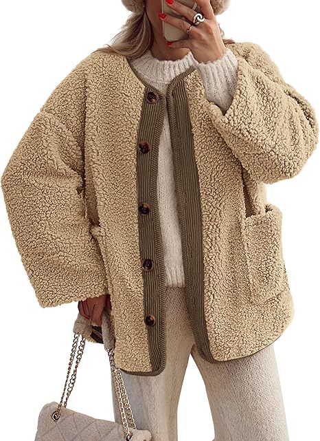 Women’s 2025 Winter Warm Fleece Jacket | Collarless Button-Up Sherpa Coat · Casual Long Sleeve Outerwear