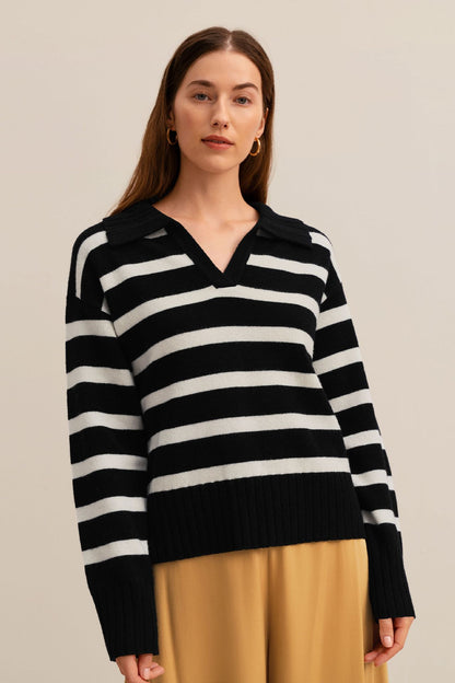 Women’s Autumn Winter Knit Sweater – Loose Fit Colorblock Polo Collar Pullover