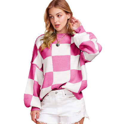 Autumn 2025 Women’s Plaid Long Sleeve Sweater – Casual Warm Pullover Knit Top