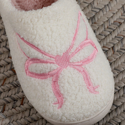 Pink Heart Bow Winter Plush Slippers for Women – Warm Fleece Indoor House Shoes, Soft Cozy Cotton Slides