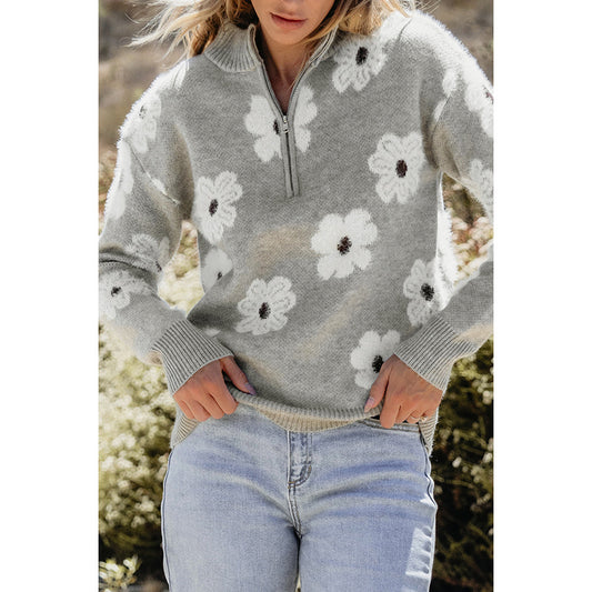 2025 Fall New Women’s Drop Shoulder Sweater – Casual Long Sleeve Floral Print Knit Top