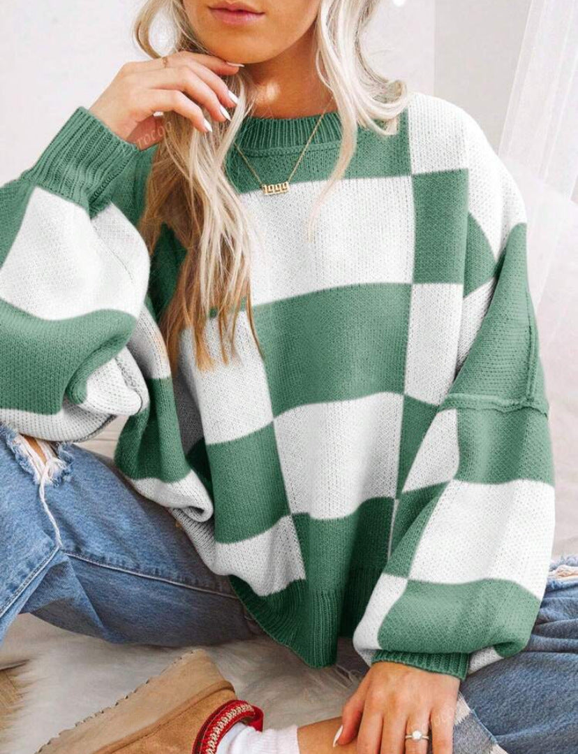 Women’s Plaid Knit Sweater | Loose Fit Crewneck Pullover · Casual Autumn Long Sleeve Top