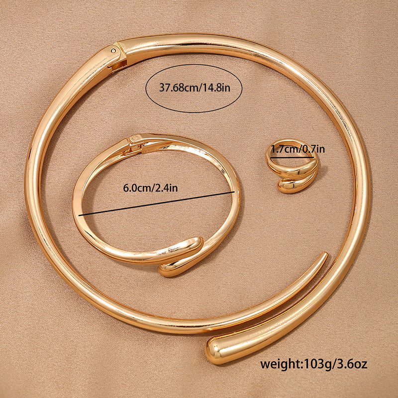 Women’s Minimalist Metal Jewelry Set | Geometric Choker, Bracelet & Ring Trio