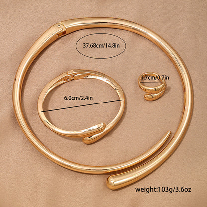 Women’s Minimalist Metal Jewelry Set | Geometric Choker, Bracelet & Ring Trio