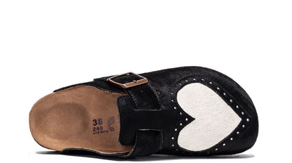 Women’s Fur Birkens Style Mules – Heart Design Flat Slip-On Loafers, Casual Outdoor Shoes