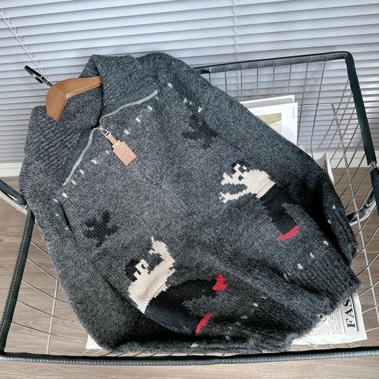 Autumn Winter 2025 Korean Cartoon Jacquard Knit Cardigan – Zipper Front Sweater Jacket for Women