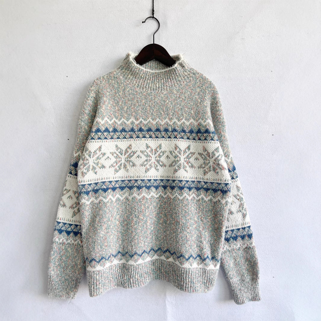 Autumn Winter 2025 Women’s Christmas Snowflake Chenille Sweater – Semi-Turtleneck Knit Pullover