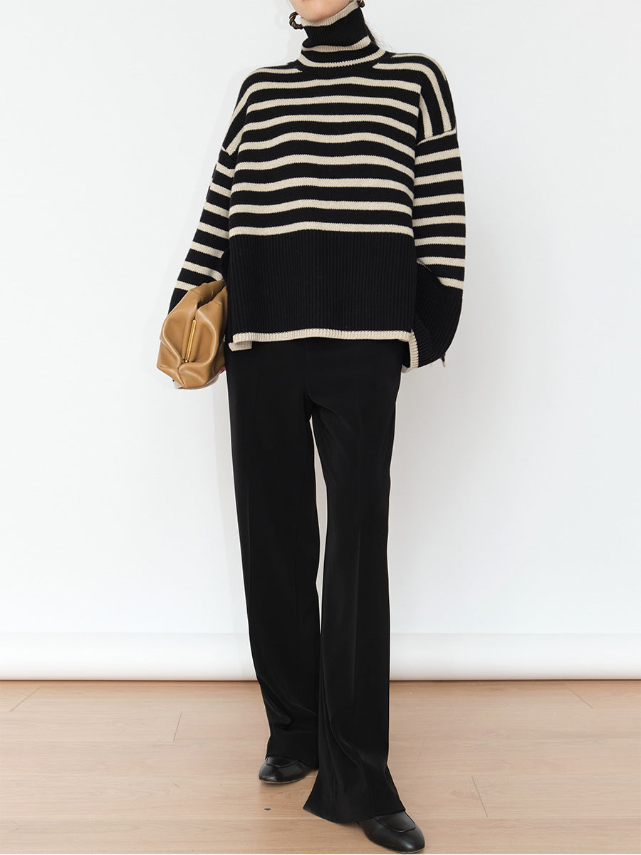 Striped High Neck Sweater for Women | 2025 Spring & Autumn Loose Knit Pullover with Unique Design