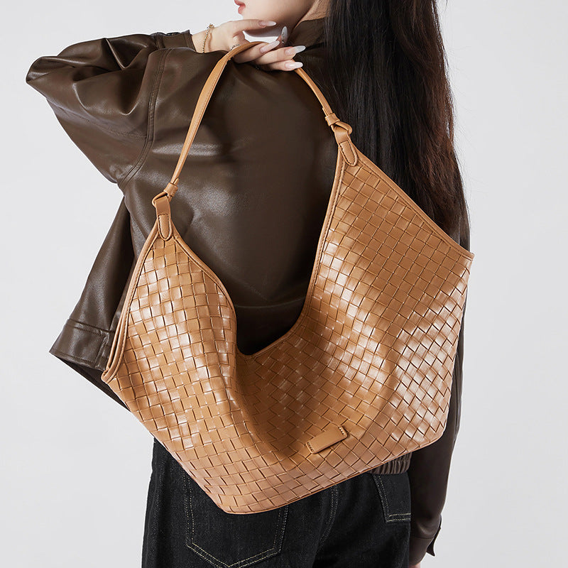 2025 New Women’s Large Capacity Tote Bag – Fashion Cowhide Woven Texture Shoulder Handbag for Work & School