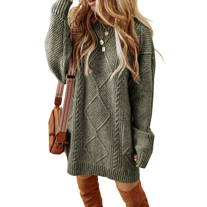 Winter New Vintage Knit Sweater Dress for Women – Long Sleeve Loose Fit Knee-Length Casual Dress