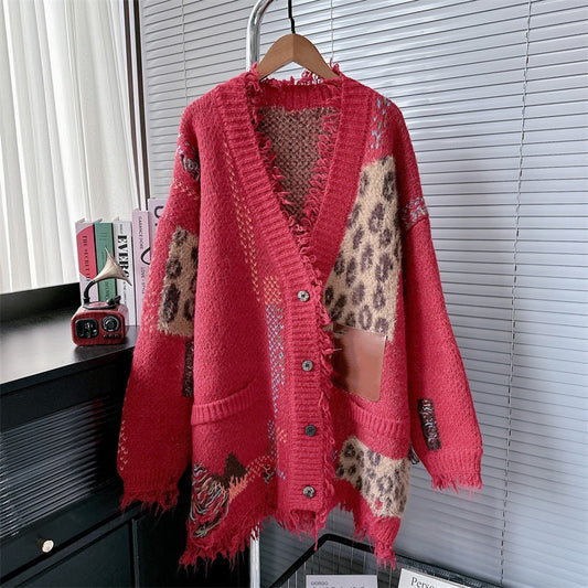 Autumn Winter 2025 Women’s Color-Block Leopard Knit Cardigan – Loose Lazy Oversized Sweater
