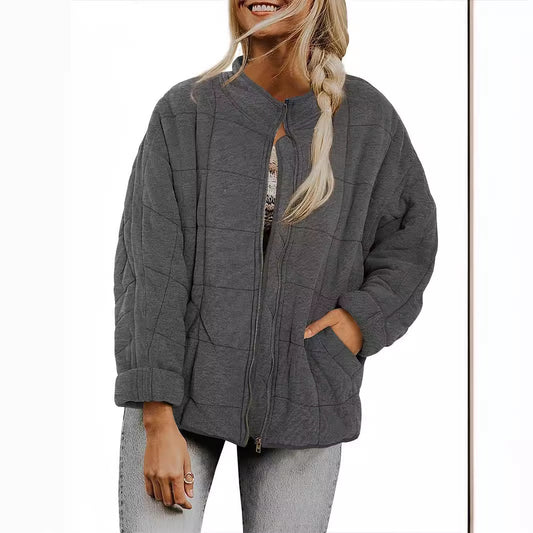 ✨ Solid Color Stand Collar Cotton Jacket for Women – Loose Fit Long Sleeve Pocket Coat