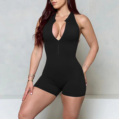 onesie zipper sleeveless shorts slim and thin hollow back yoga sports fitness onesie