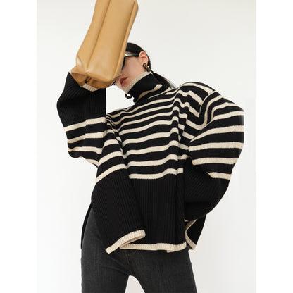 Striped High Neck Sweater for Women | 2025 Spring & Autumn Loose Knit Pullover with Unique Design