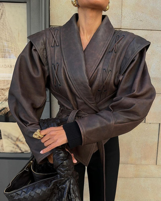 Women’s Retro Faux Leather Jacket – Autumn Street Style Tie-Waist Turn-Down Collar Outerwear