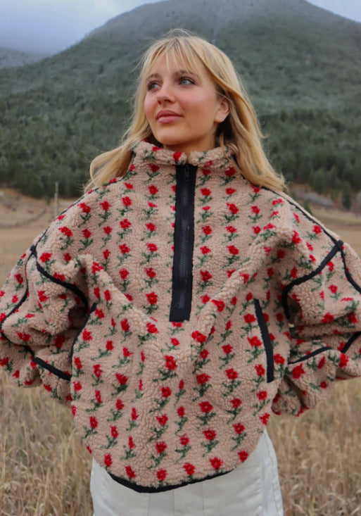 Women’s Floral Print Fleece Jacket | Cozy Plush Sweatshirt · Loose Fit Casual Outerwear