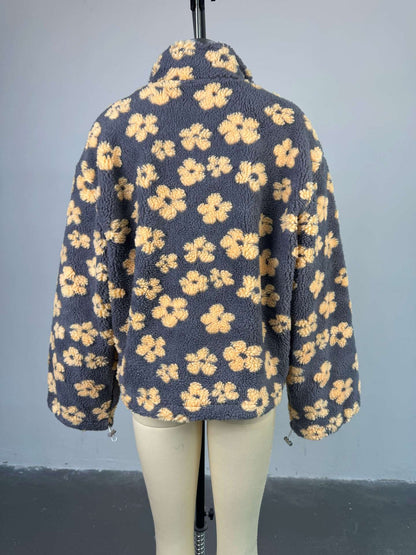 Women’s 2025 Spring Faux Shearling Zip-Up Sweatshirt | Loose Fit Printed Long Sleeve Hoodie