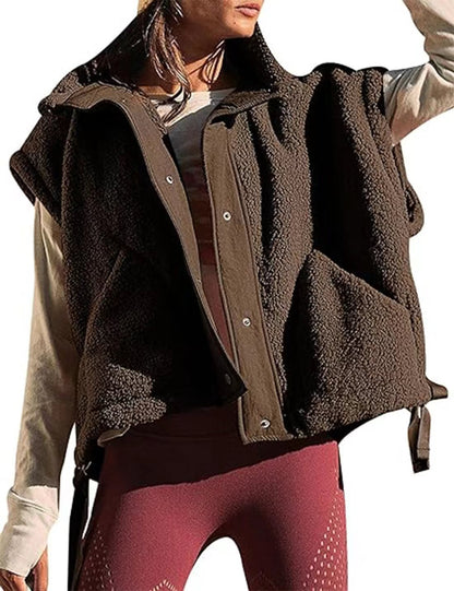 Faux Fur Vest | Oversized Sleeveless Sherpa Jacket with Button Closure
