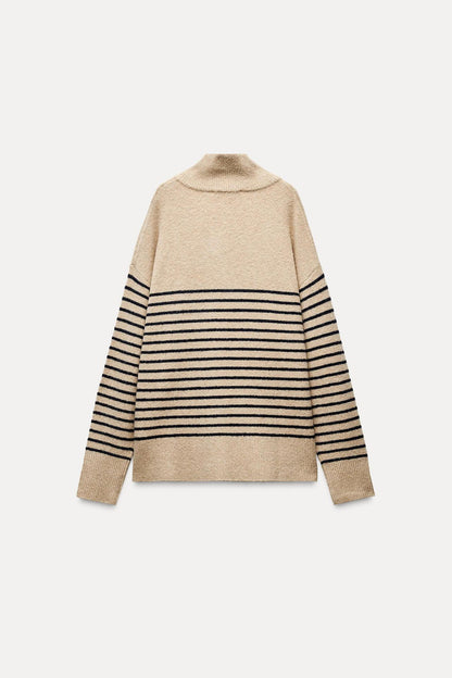 Women’s Autumn Winter Striped Knit Sweater – New Half Turtleneck Pullover Top