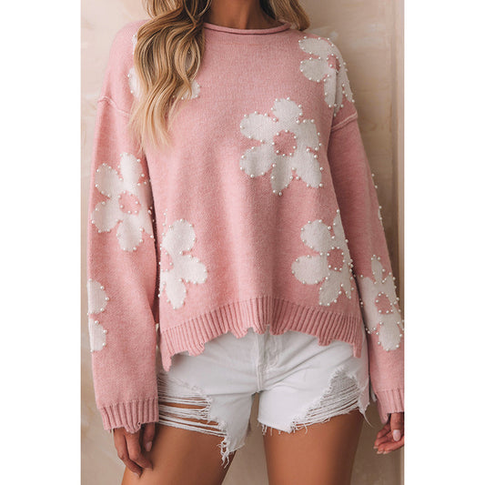2025 Fall/Winter New Women’s Drop Shoulder Sweater – Sweet Pearl-Embellished Printed Knit Top