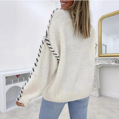 Women’s Solid Color Knit Sweater | Loose Fit Pullover with Drawstring Design · Casual Long Sleeve Top