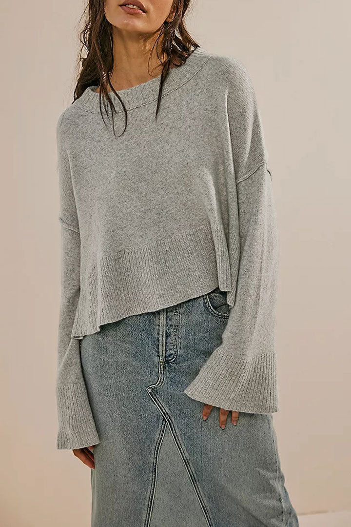 2025 Fall Winter Solid Color Knit Sweater | Women’s Fashion Crew Neck Pullover with Flared Sleeves