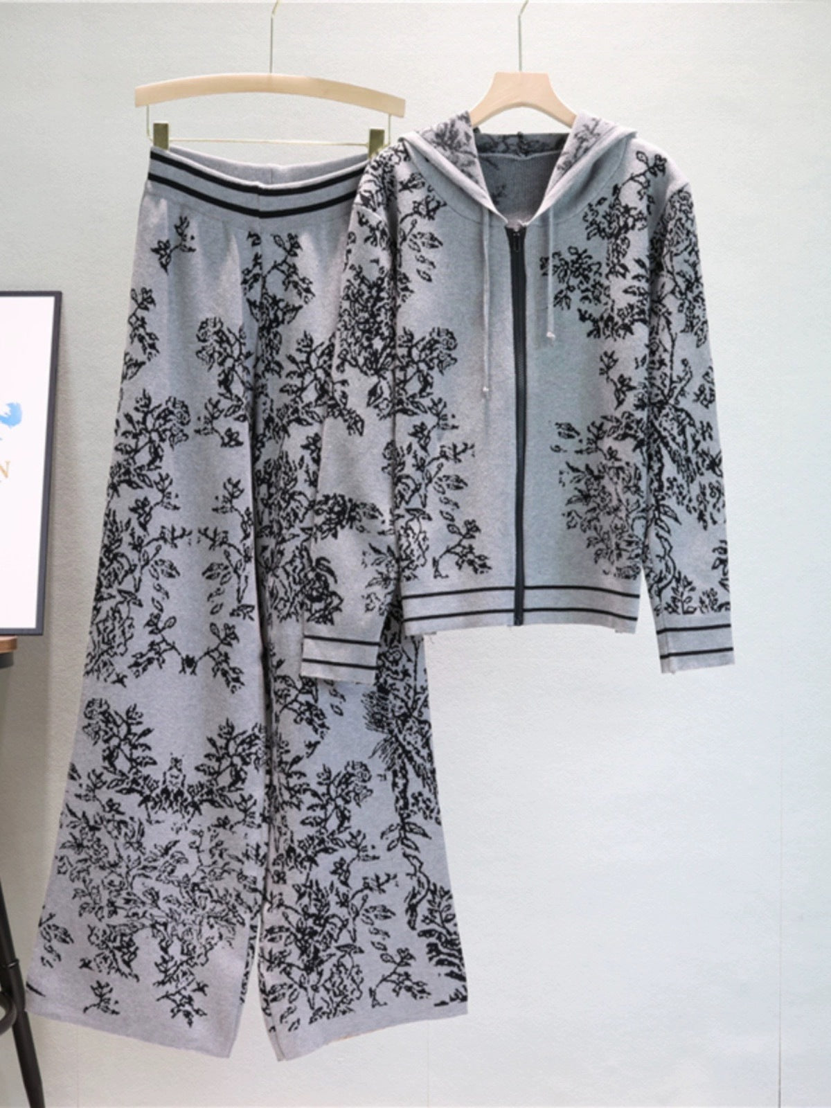 Women’s Fashion Knit Set | Spring Fall Hoodie & Wide-Leg Pants Two-Piece Outfit