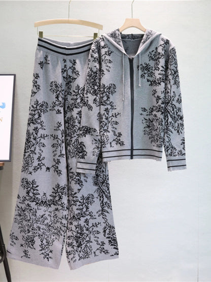 Women’s Fashion Knit Set | Spring Fall Hoodie & Wide-Leg Pants Two-Piece Outfit