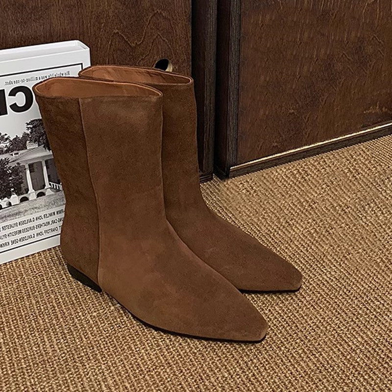 Black Leather & Brown Suede Pointed Toe Mid-Calf Boots | Low Heel Flat Retro Fashion Wide Calf Combat Short Boots for Women