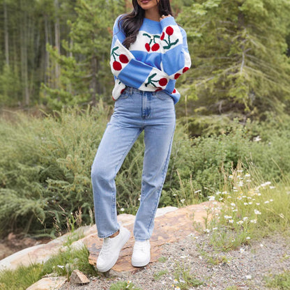 Cherry Jacquard Knit Sweater | Loose-Fit Crew Neck Long Sleeve High Street Style
