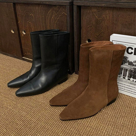 Black Leather & Brown Suede Pointed Toe Mid-Calf Boots | Low Heel Flat Retro Fashion Wide Calf Combat Short Boots for Women