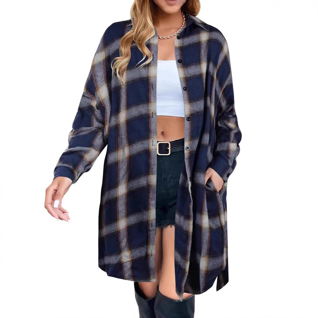 Women’s Long Sleeve Plaid Shirt | Mid-Length Casual Top with Pockets