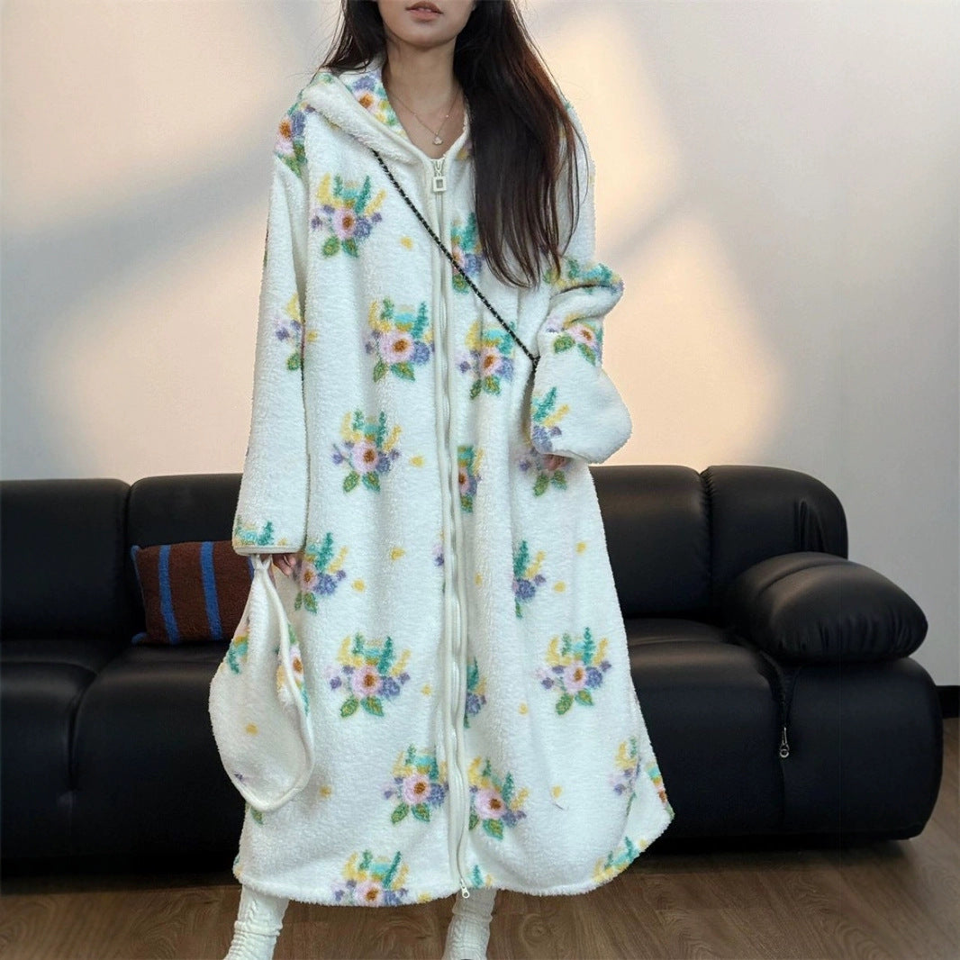 Striped Coral Fleece Hoodie Robe for Women | Thick & Warm Cozy Pajamas