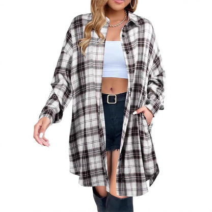 Women’s Long Sleeve Plaid Shirt | Mid-Length Casual Top with Pockets