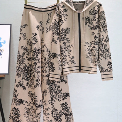 Women’s Fashion Knit Set | Spring Fall Hoodie & Wide-Leg Pants Two-Piece Outfit